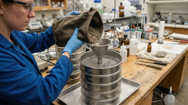 Scientist conducting a rigorous geological soil particle size distribution analysis using a series of laboratory sieves to measure granular composition and sediment texture in a research facility