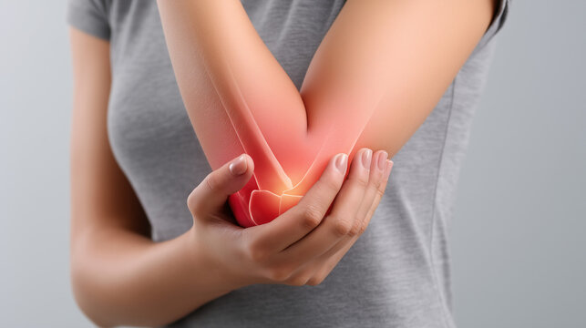 Close-up of a woman holding a painful elbow with highlighted joint anatomy. Elbow pain, inflammation, injury, arthritis, healthcare and orthopedic medical concept.