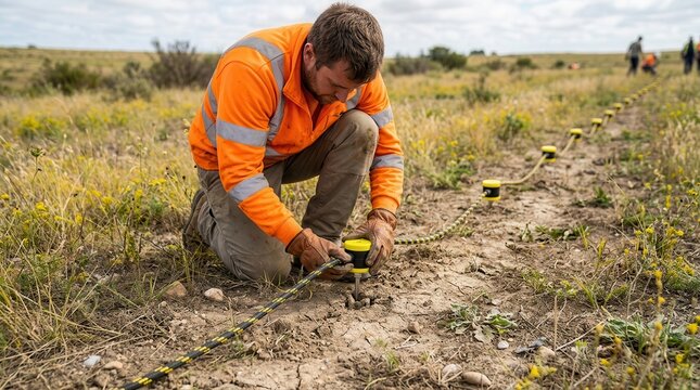 Geophysics Technician Installing Seismic Sensor Equipment