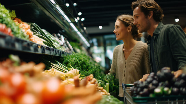 Happy couple choosing fresh vegetables in a supermarket produce aisle. Healthy lifestyle, grocery shopping, organic food and consumer retail concept.
