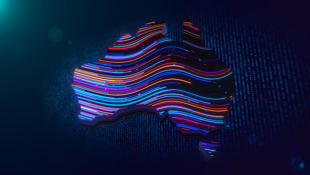 Abstract 3D extruded Australia map formed by glowing neon contour lines over a futuristic particle grid with depth of field, colorful lighting, and modern digital texture.