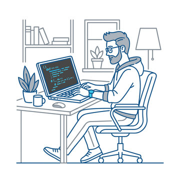 A man with a beard and glasses is focused on coding on his laptop. He works from a comfortable home office setup.