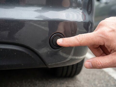Human finger inspecting a modern vehicle parking proximity sensor integrated into a sleek grey bumper