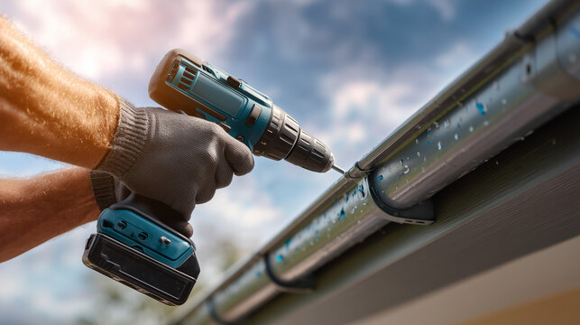 Professional contractor installing metal rain gutter using cordless drill. Exterior home improvement, roofing maintenance and construction work under blue sky.
