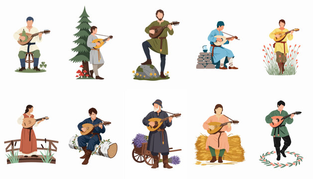 Collection of medieval minstrels and bards playing lutes in various outdoor settings, flat vector illustration style on white background.
