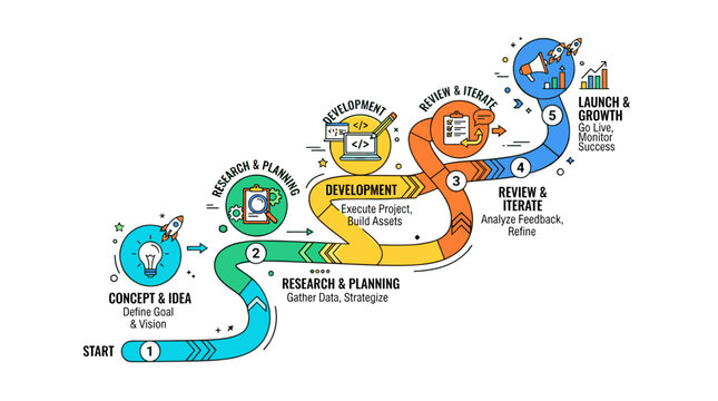 A five step winding timeline illustrates a business development and growth process.