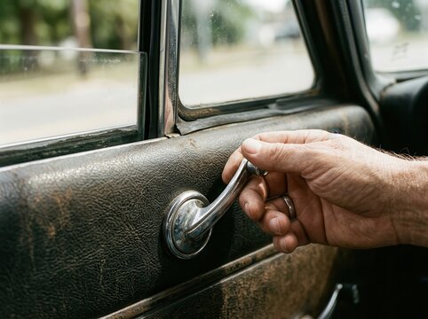 A nostalgic close-up of a hand operating a vintage chrome window crank inside a weathered classic car