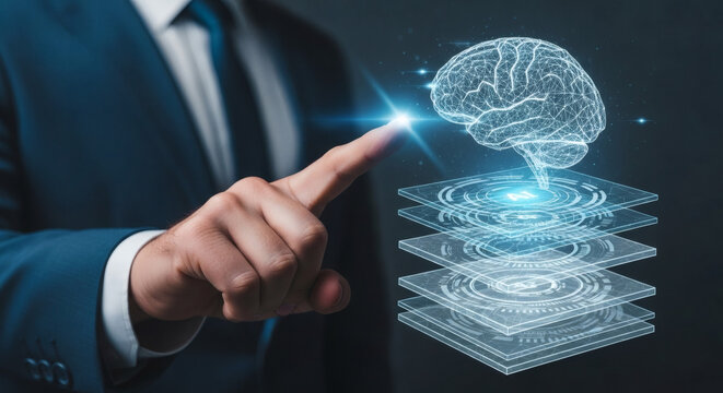 Businessman Activating Digital Brain with Glowing Layers, Representing AI, Data Processing, and Future Technology Innovation