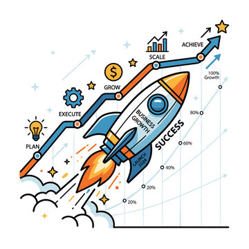 A business growth infographic shows a rocket launching towards success milestones. Steps include plan, execute, grow, scale, and achieve.