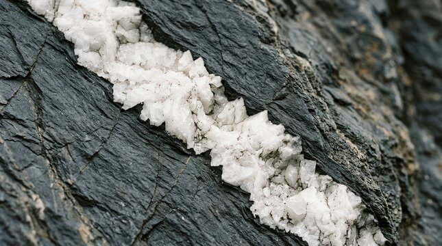 A striking macro study of a crystalline quartz vein embedded within dark, weathered metamorphic rock