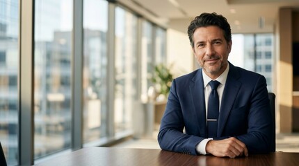 Fototapeta premium Smiling businessman seated at a desk in a bright, modern office building.