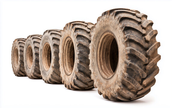 Thick tractor tires with rugged treads sit in a row. Used for farming and heavy machinery, these durable wheels offer good traction on dirt.