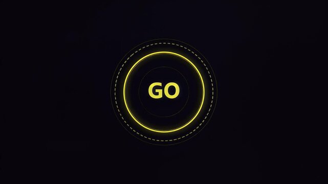 Futuristic yellow pulsing go button on black background