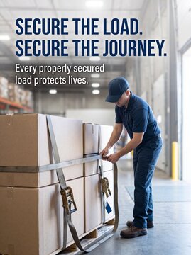 Professional warehouse worker securing cardboard cargo boxes using heavy duty ratchet straps for safe transport