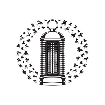 Electric bug zapper lamp surrounded by flying insects vector silhouette illustration. 