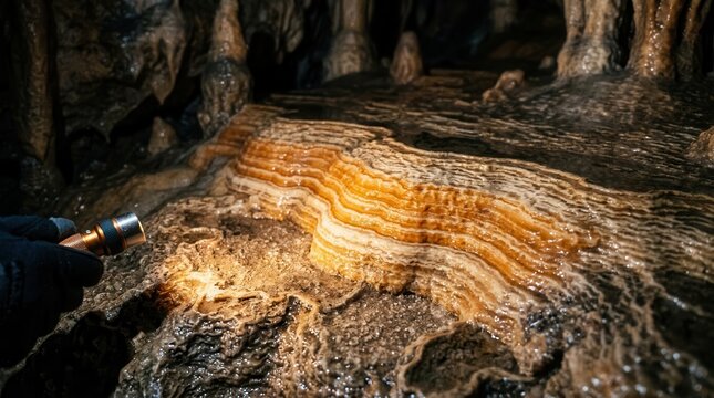 An Illuminated Journey Into the Subterranean Depths: A Close-Up View of Intricate Limestone Formations and Glistening Mineral Textures Inside a Mysterious Natural Grotto