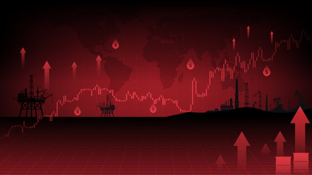 Oil price surge lifts global energy market with rising charts and offshore rigs