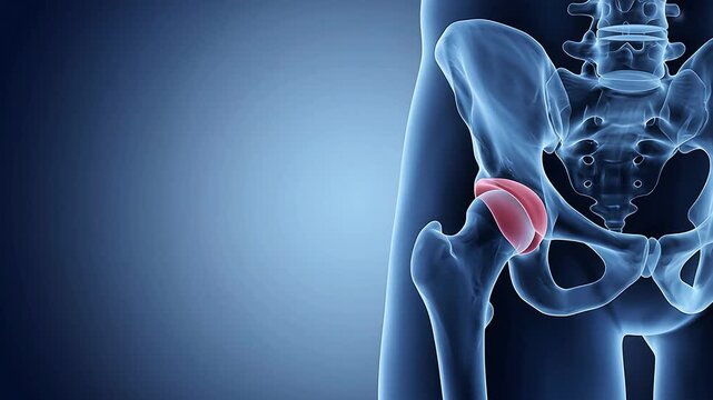 3D Medical Illustration of Human Hip Joint Labrum Tear Anatomy on Blue Background