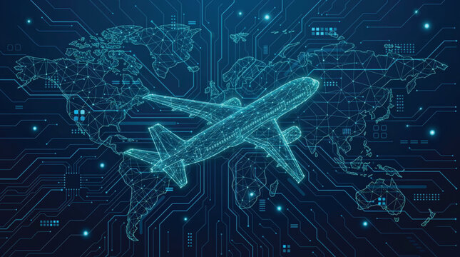 Digital Global Aviation Network Featuring Low Poly Airplane and Circuit Board Map