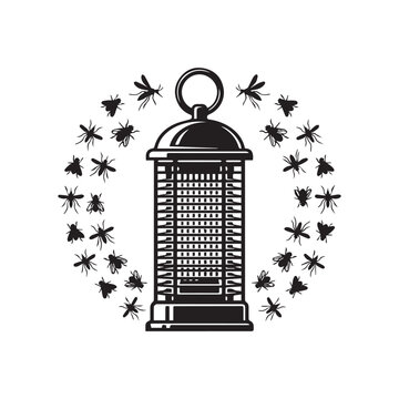 Electric bug zapper lamp surrounded by flying insects vector silhouette illustration. 