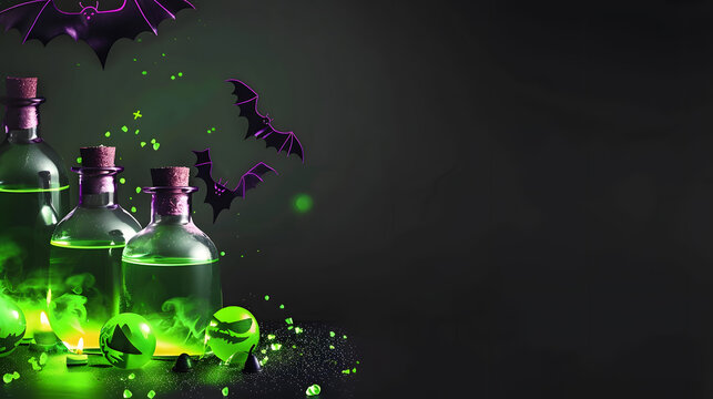 Spooky Halloween background with glowing green magic potion bottles, flying bats and copy space