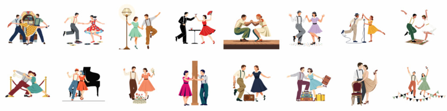 Collection of vintage-style illustrations featuring diverse couples dancing swing, rock and roll, and lindy hop in classic 1940s and 1950s fashion.