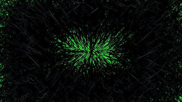Green energetic particles expanding and contracting with subtle camera movement in dark abstract background