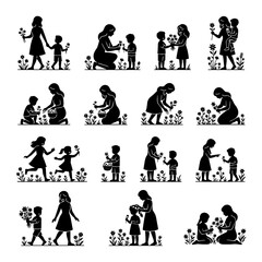 Fototapeta premium Mother and Children Picking Flowers Silhouettes Set