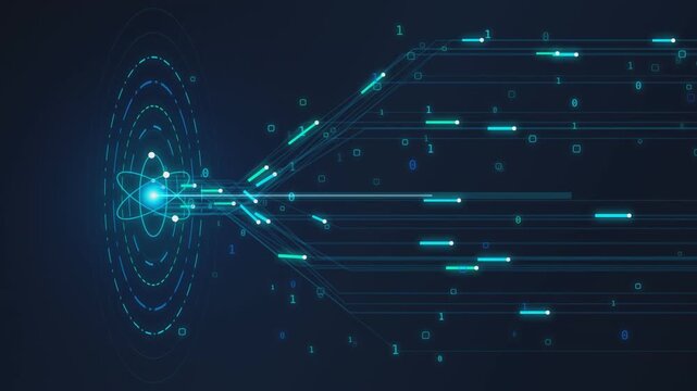 Digital atom visualization with binary code data flow animation.
