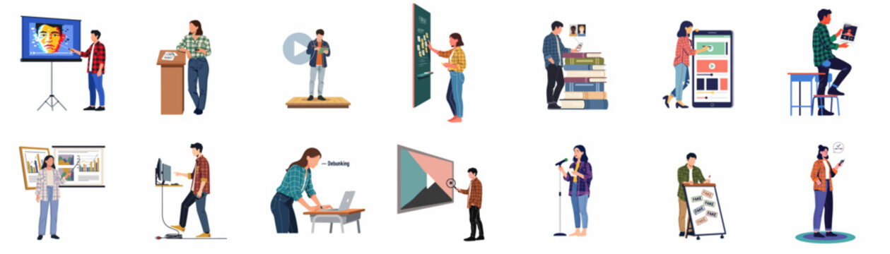 Diverse set of characters engaged in media literacy, fact-checking, debunking fake news, and digital information analysis for educational and professional purposes.