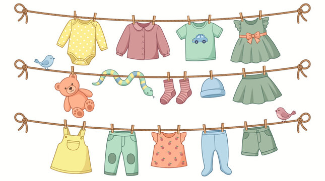 Cute baby clothes, toys and socks hanging on clotheslines with wooden pegs on white background, symbolizing newborn fashion care and modern childhood lifestyle concepts