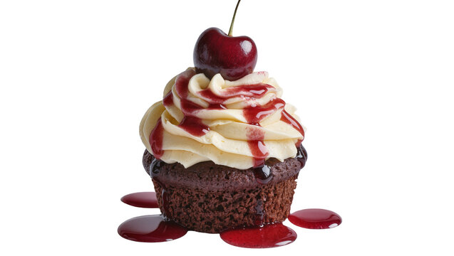 Chocolate cupcake with cream frosting cherry topping and red syrup, isolated on transparent background