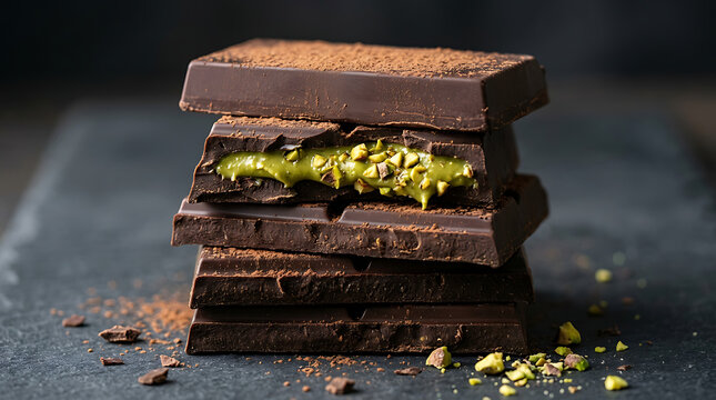 Stack of dark chocolate bars with pistachio cream filling