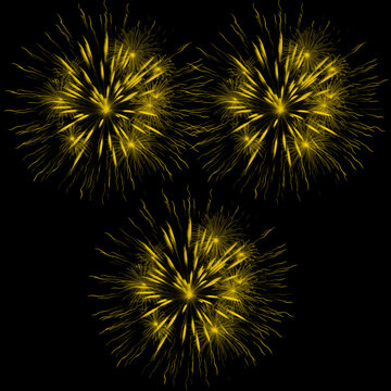 Three Vibrant Yellow Firework Starbursts on Black Background &ndash; Stock Photo