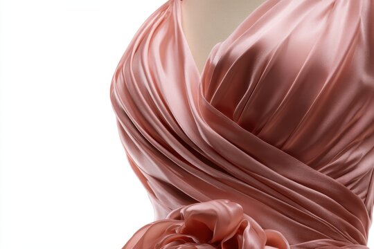 A close-up of a luxurious rose gold satin dress with intricate draping and a floral accent, showcasing elegant fabric texture and sophisticated design.