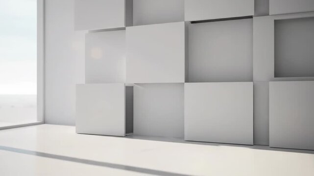Minimalist white empty room with large window and 3D geometric wall paneling. Contemporary interior design featuring natural light, polished white floor, and abstract modular blocks.