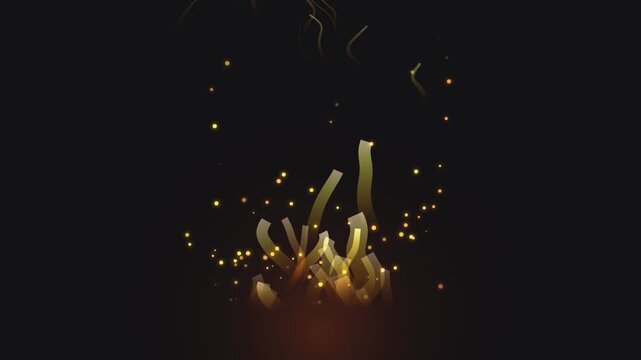Abstract golden ribbons and particles motion graphic on dark background.