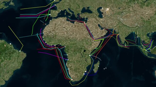 Undersea Submarine Data Cable Connect Continents Map Animation