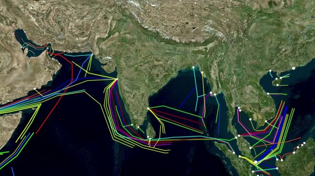 Global Trade and Digital Connectivity Map of Indian Ocean Cables 4K Animation