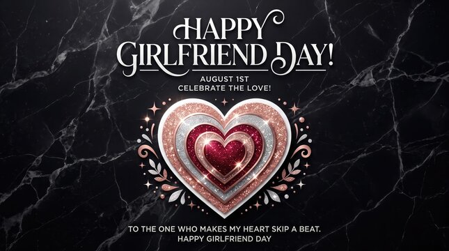 Happy Girlfriend Day 1st August banner with jeweled heart on dark marble texture background