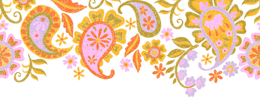 horizontal seamless border of oriental ornaments, flowers, and paisley. Colorful crayons illustration.