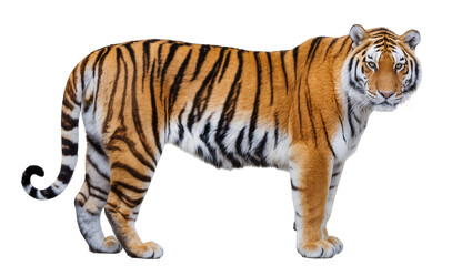 Obraz premium Majestic Bengal tiger with orange and black stripes standing alert, isolated on transparent background