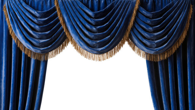 Deep blue velvet drapes with gold fringe, isolated on transparent background