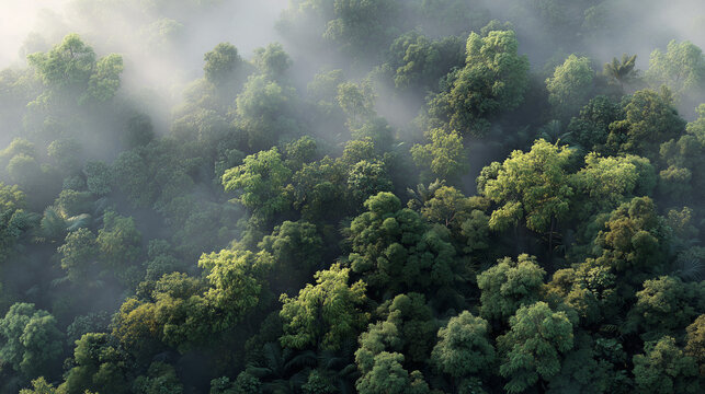 Tropical rainforest canopy viewed from above in misty morning light