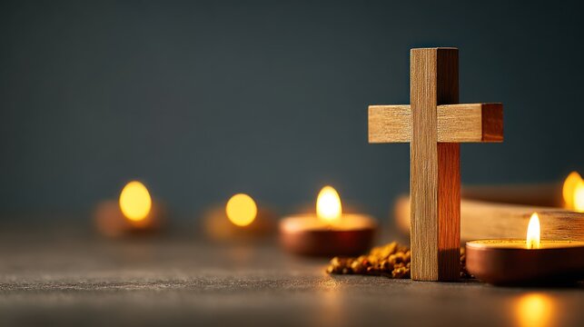 Wooden cross and burning candles with soft light and transparent background