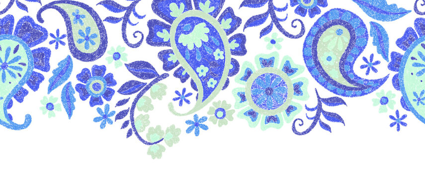 blue seamless border of oriental ornaments, flowers, and paisley. Colorful crayons illustration.