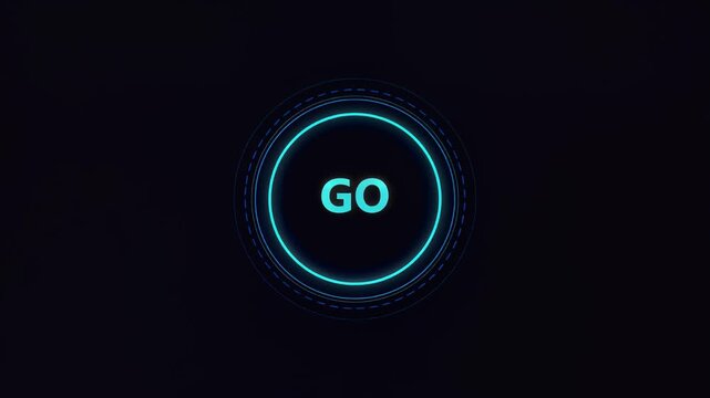 Futuristic glowing blue digital go button with hud elements