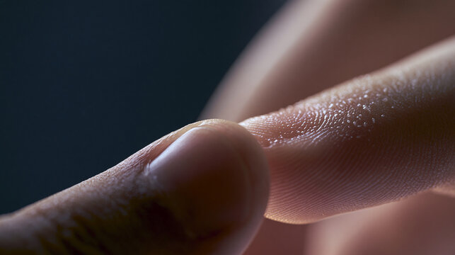 An extreme macro photograph captures one fingertip gently pressing against another, revealing detailed fingerprint ridges.