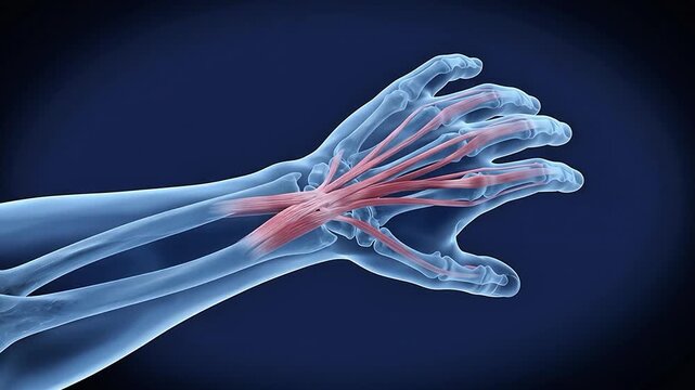3D Medical Illustration of Human Wrist Tendon and Tendonitis Anatomy on Blue Background