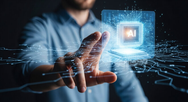 Professional interacting with futuristic holographic artificial intelligence chip interface for advanced digital computing data processing